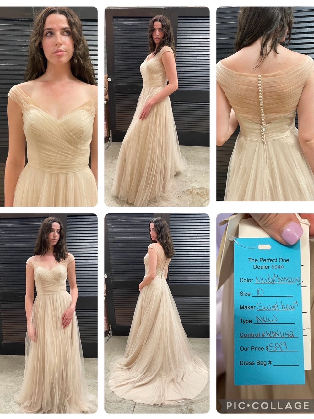 Sweet Heart Rose Nude Champagne Off-Shoulder Tulle Gown
